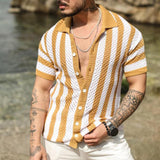 Men's Casual Striped Loose Hollow Short-Sleeved Knitted Polo Shirt 02231229M