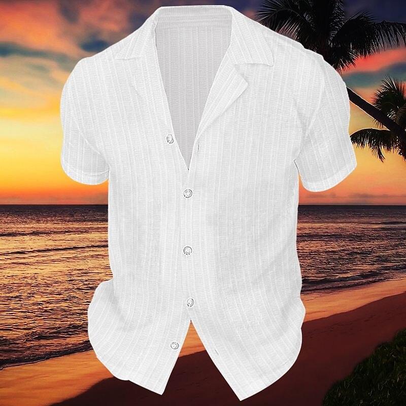 Men's Solid Striped Notch Lapel Short Sleeve Shirt 06588767Z