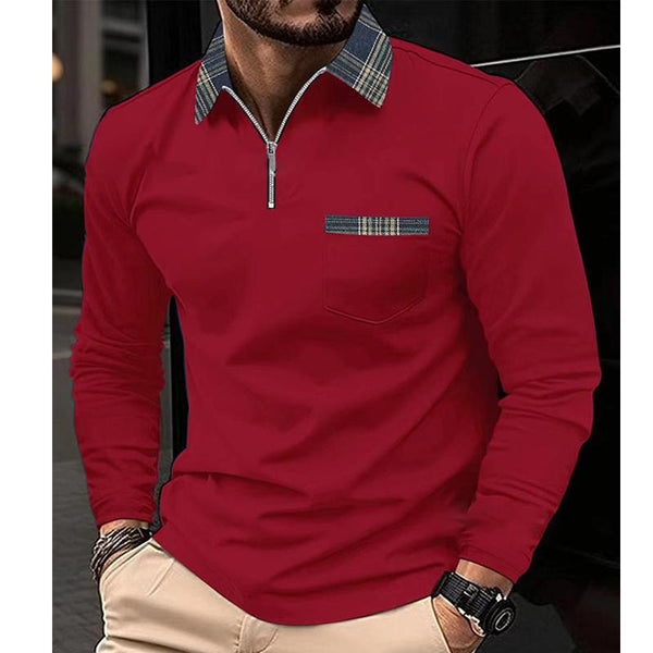 Men's Plaid Printed Stitching Zipper Lapel Pocket Long Sleeve Polo Shirt 36931085Y