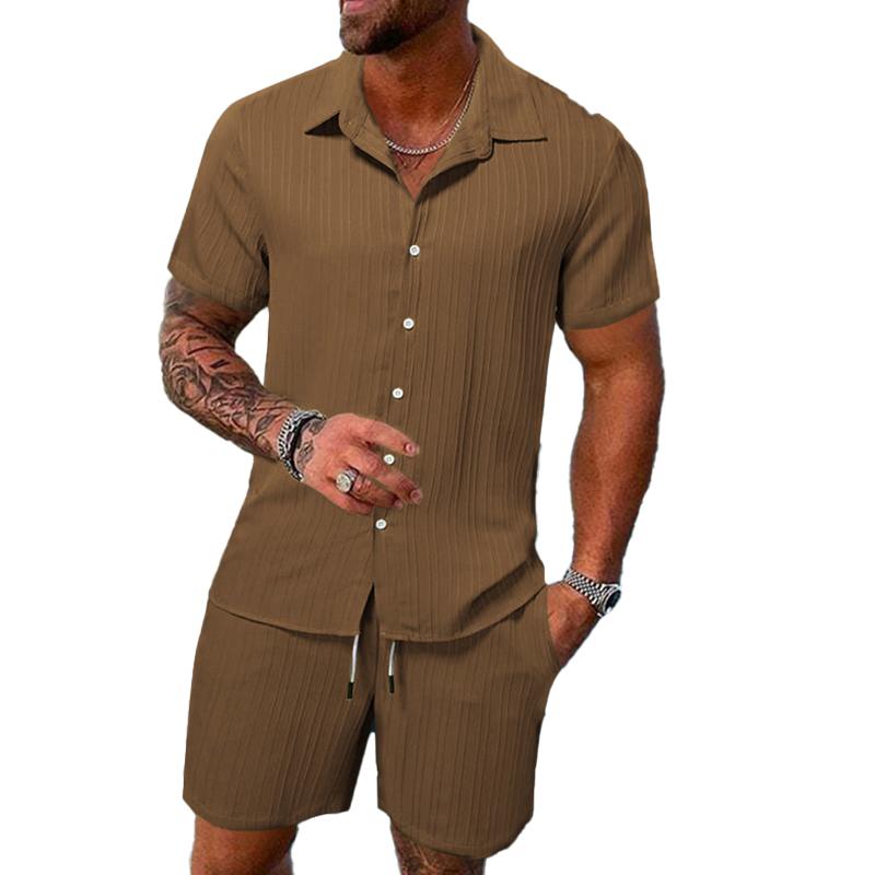 Men's Solid Color Striped Lapel Short Sleeve Shorts Casual Set  63428764X