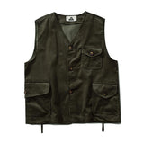 Men's Vintage Solid Color Collarless Multi Pocket Corduroy Vest 49668916Y