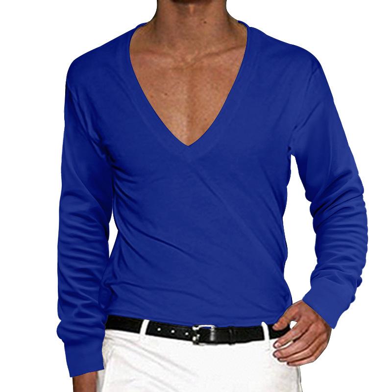 Men's Casual V Neck Solid Color Slim Long Sleeve T-Shirt 11701217M