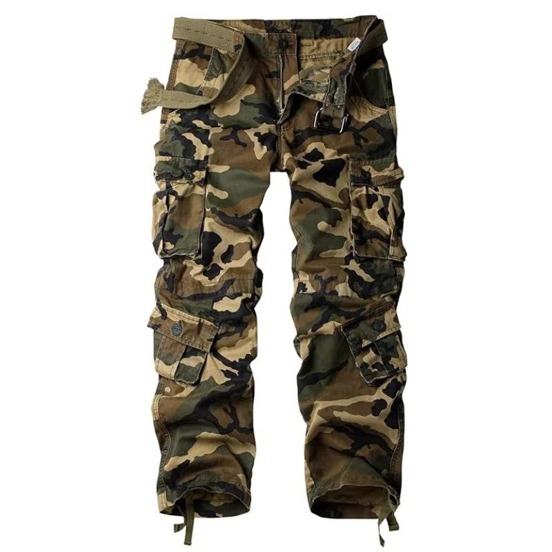 Pantalones cargo rectos con cremallera y múltiples bolsillos de algodón camuflado para hombre 40263270Z