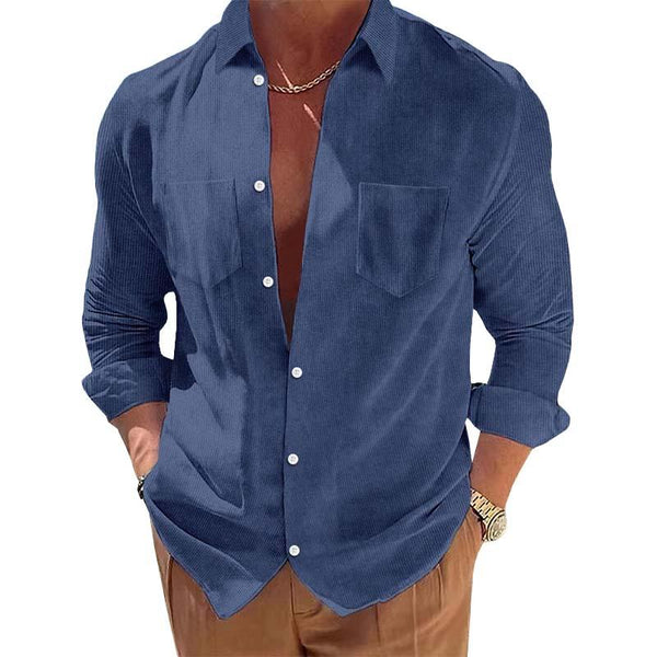 Men's Casual Corduroy Lapel Patch Pocket Single Breasted Slim Fit Long Sleeve Shirt 45231535M