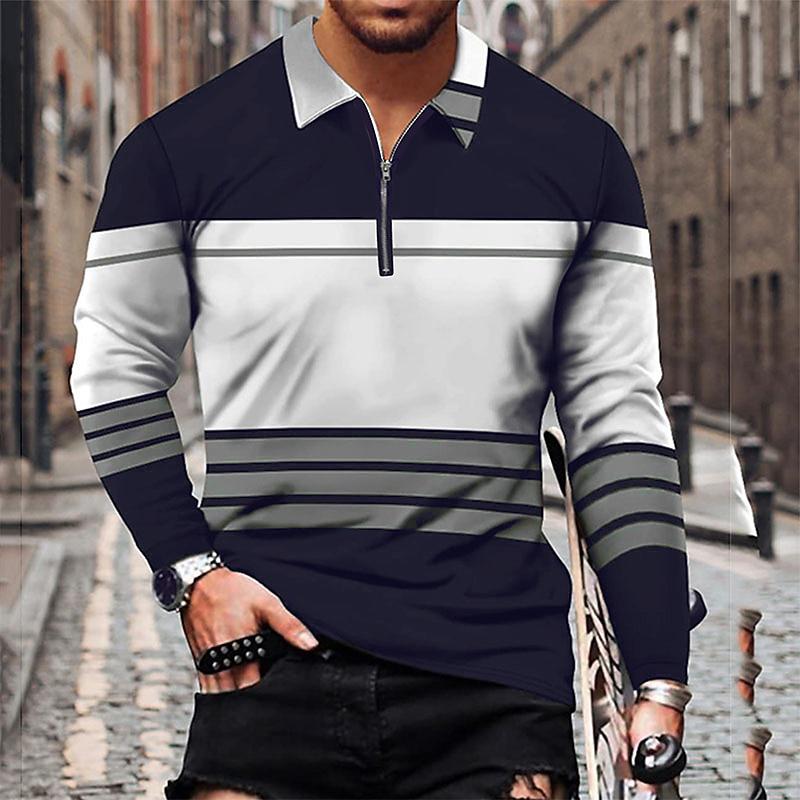 Men's Stripe Print Long Sleeve Zip-Up Polo Shirt 57291848X