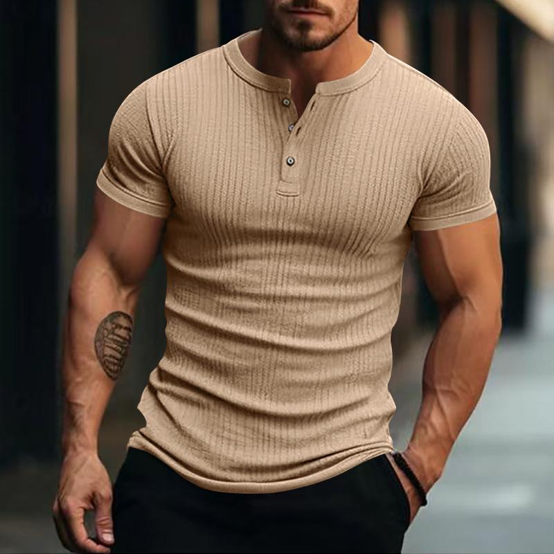 T-shirt Henley a maniche corte in maglia elasticizzata casual da uomo 00095453X