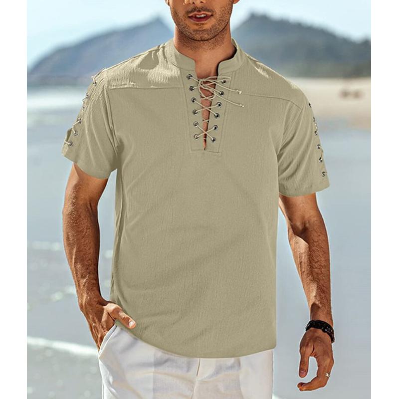 Men's Solid Color Lace-Up V-Neck Short-Sleeved Shirt 40586432Y