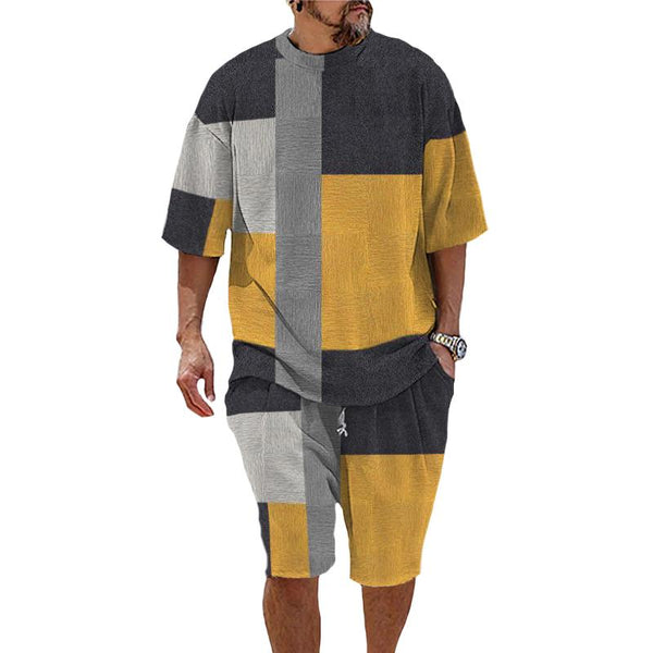 Men's Retro Colorblock Printed Short-sleeved Two-piece Set 77160022TO