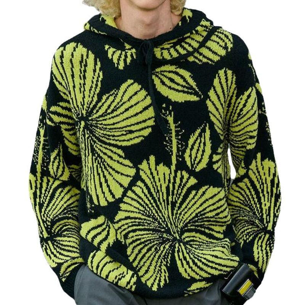 Men's Casual Loose Jacquard Hooded Pullover Long Sleeve Knitted Sweater 34928129M