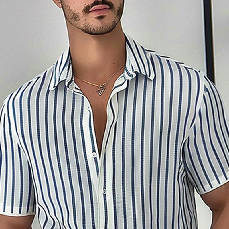 Men's Striped Short Sleeve Cotton and Linen Shirt 70408534X