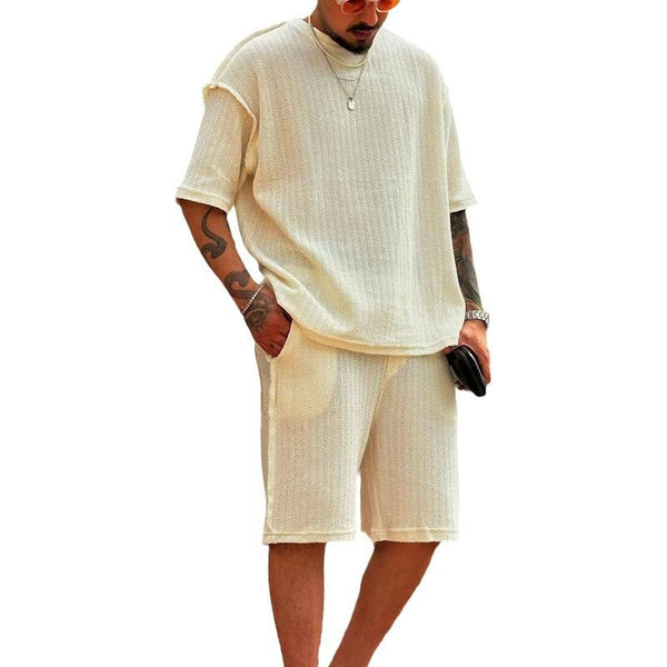 Men's Casual Solid Color Round Neck Loose Short Sleeve T-shirt Elastic Waist Shorts Set 95192412M