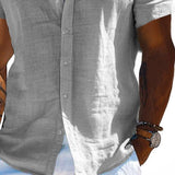 Men's Cotton and Linen Solid Color Lapel Short-sleeved Shirt 38995060X