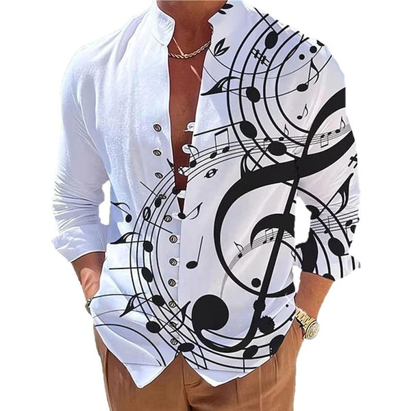Men's Stand Collar Printed Musical Note Printed Button Long Sleeve Shirt 30315529X