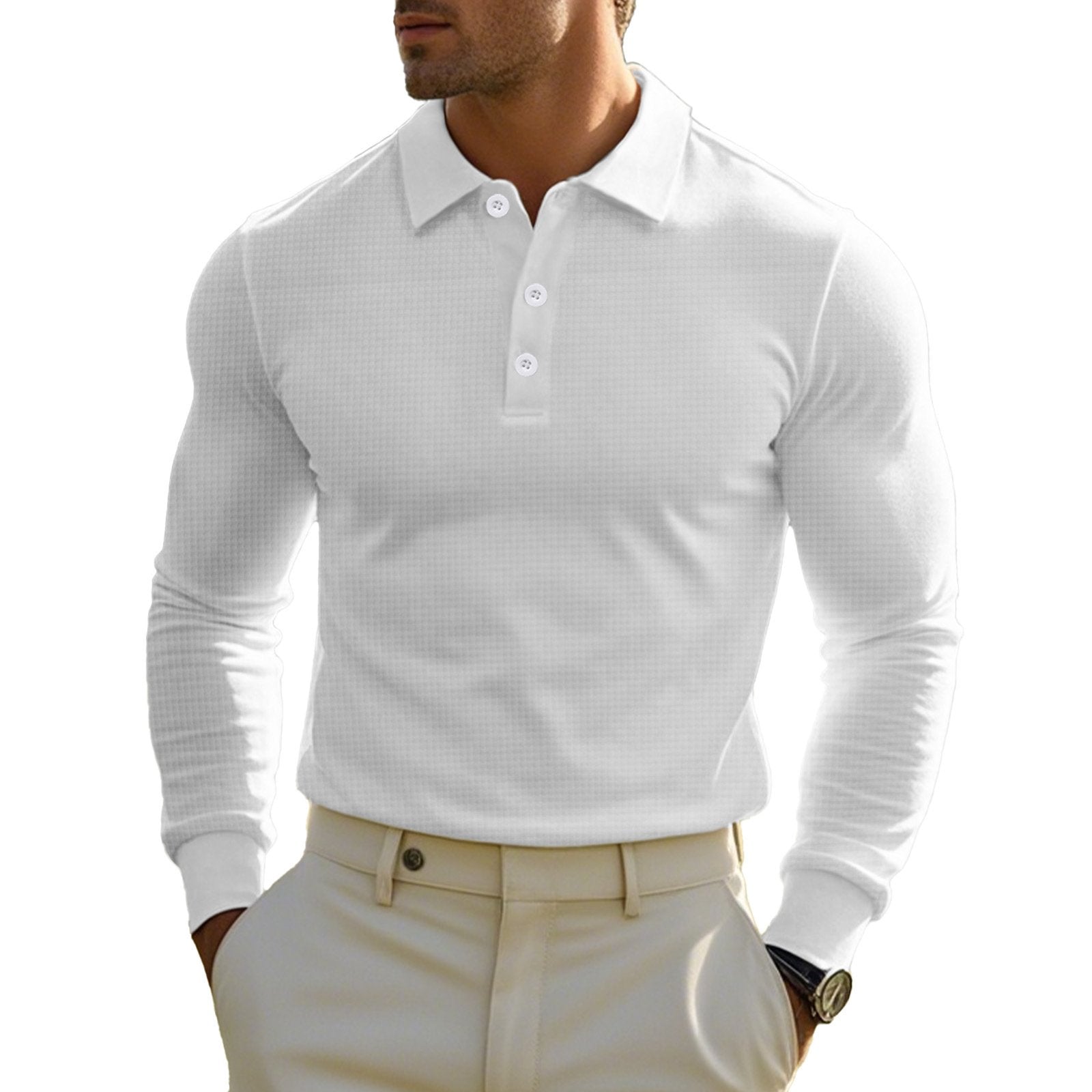 Men's Solid Color Waffle Lapel Long Sleeve Polo Shirt 41139532Z