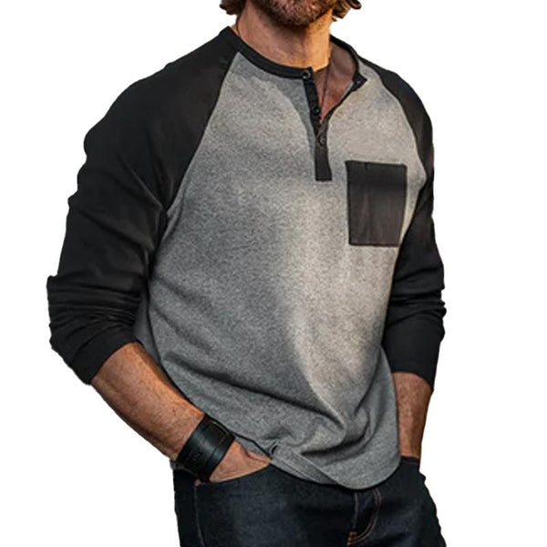 Men's Retro Contrast Henley Collar Patch Pocket Long Sleeve T-Shirt 34596370M