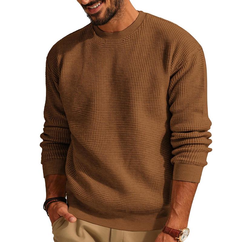 Men's Solid Color Crew Neck Pullover Waffle Knit Sweater 33644630X