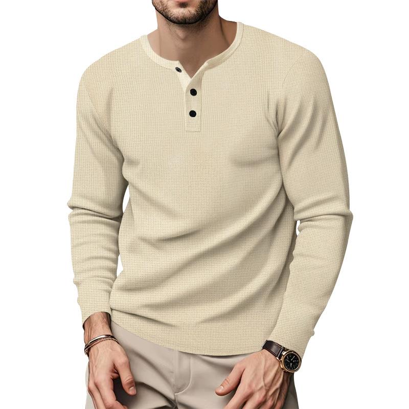 Men's Solid Color Waffle Henley Collar Long Sleeve Casual T-shirt 72561804Z