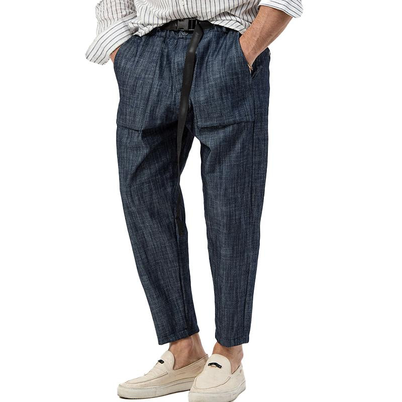 Men's Solid Color Distressed Cotton and Linen Trousers 88445340X
