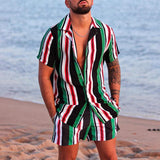 Men's Striped Printed Loose Short Sleeve Shirt Shorts Set 48727228Y