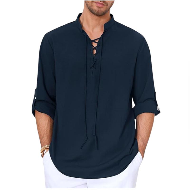 Men's Solid Color Cotton And Linen V-Neck Lace-Up Long-Sleeved Shirt 30415481Y