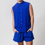 Men's Casual Stand Collar Slim Fit Sleeveless Shirt Elastic Waist Shorts Set 64653893M
