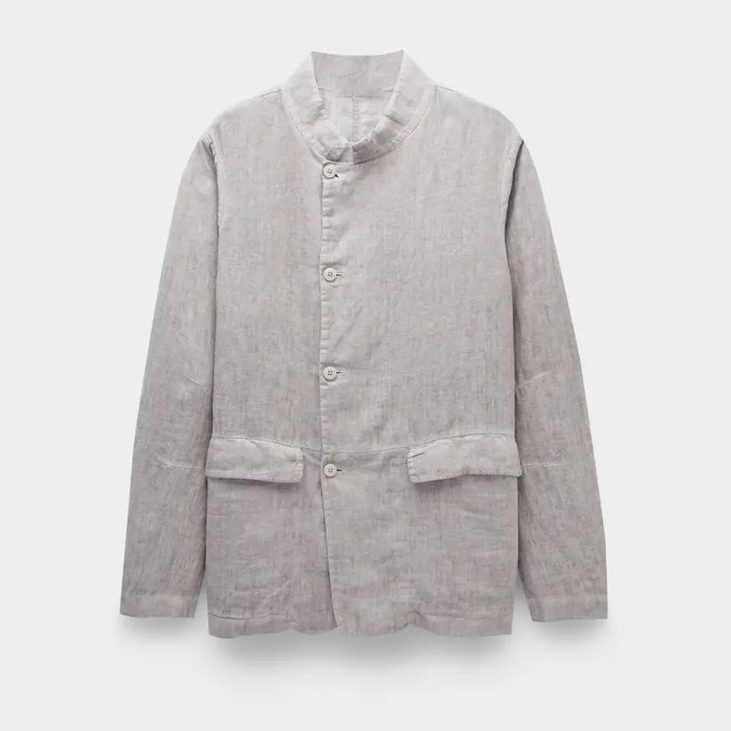 Men's Solid Color Cotton And Linen Stand Collar Single Breasted Casual Jacket 25071101Z