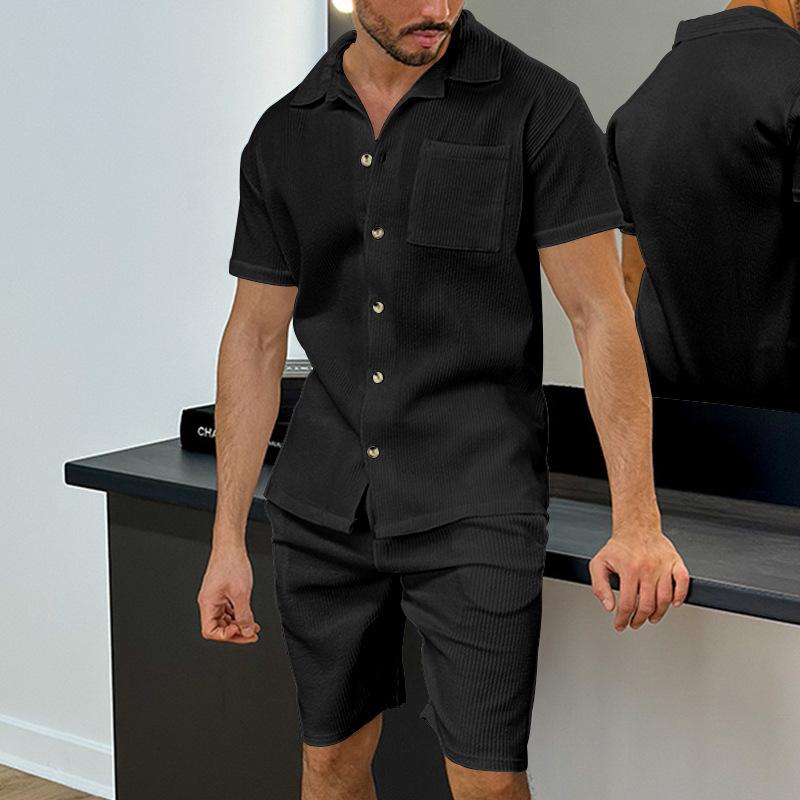 Men's Solid Color Short Sleeve Shirt Shorts Set 59731235Y