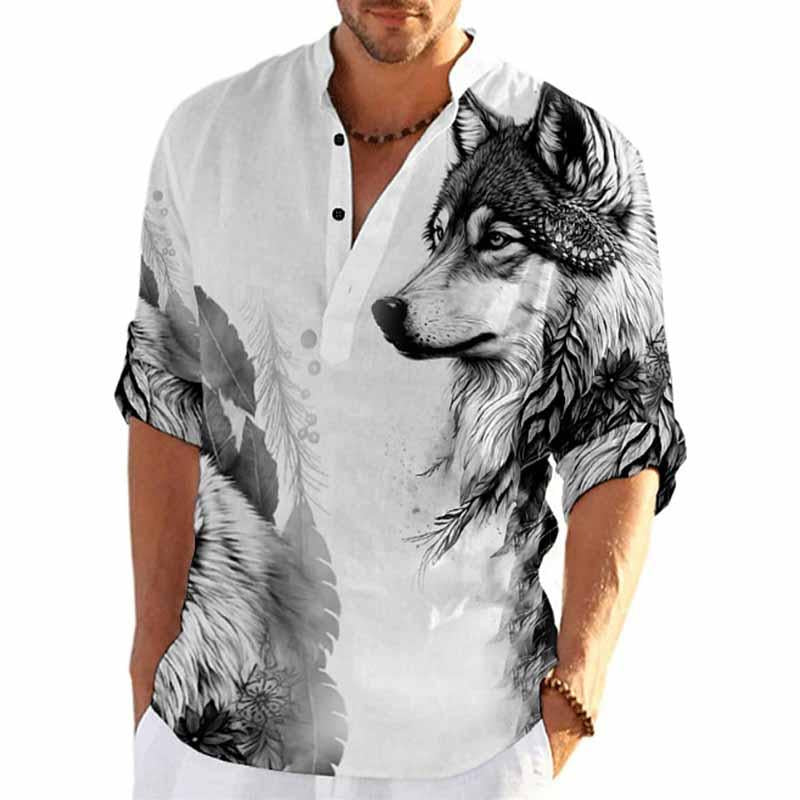 Men's Printed Beach Vacation Long Sleeve Stand Collar Shirt 82790184X