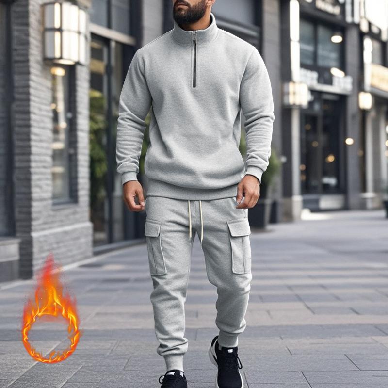 Men's Solid Color Casual Plush Warm Zipper Stand Collar Sweatshirt Sweatpants Set 08038864Y