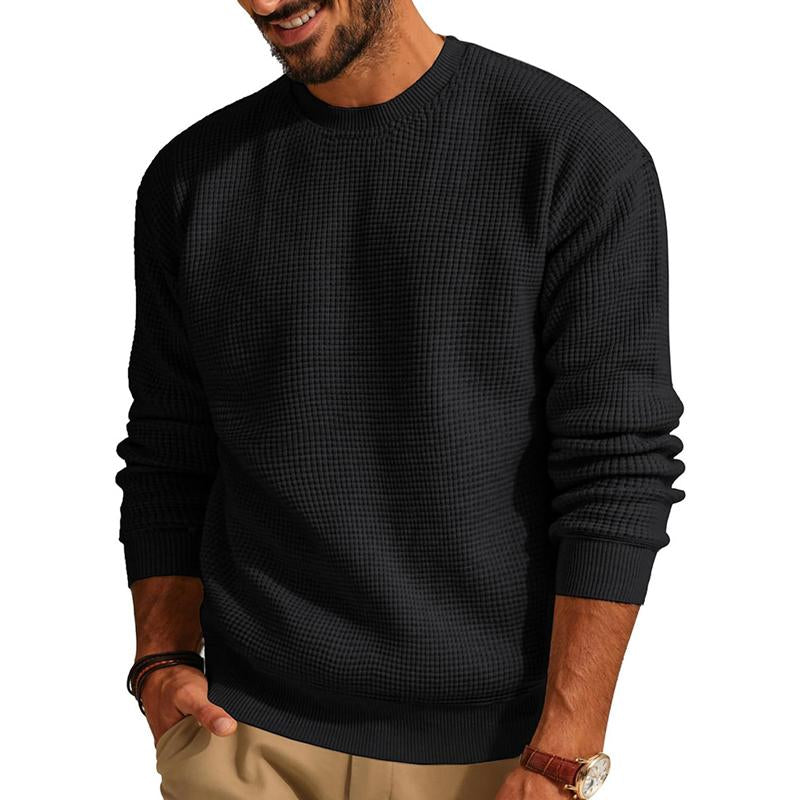 Men's Solid Color Crew Neck Pullover Waffle Knit Sweater 33644630X