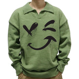 Men's Casual Polo Collar Smiley Print Long Sleeve Pullover Sweater 76317825M