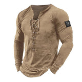 Men's Casual Solid Color Lace-up Collar Long Sleeve Henley T-Shirt 10970904M