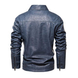 Men's Vintage Solid Color Double Breast Pockets Lapel Leather Jacket 33879944Y
