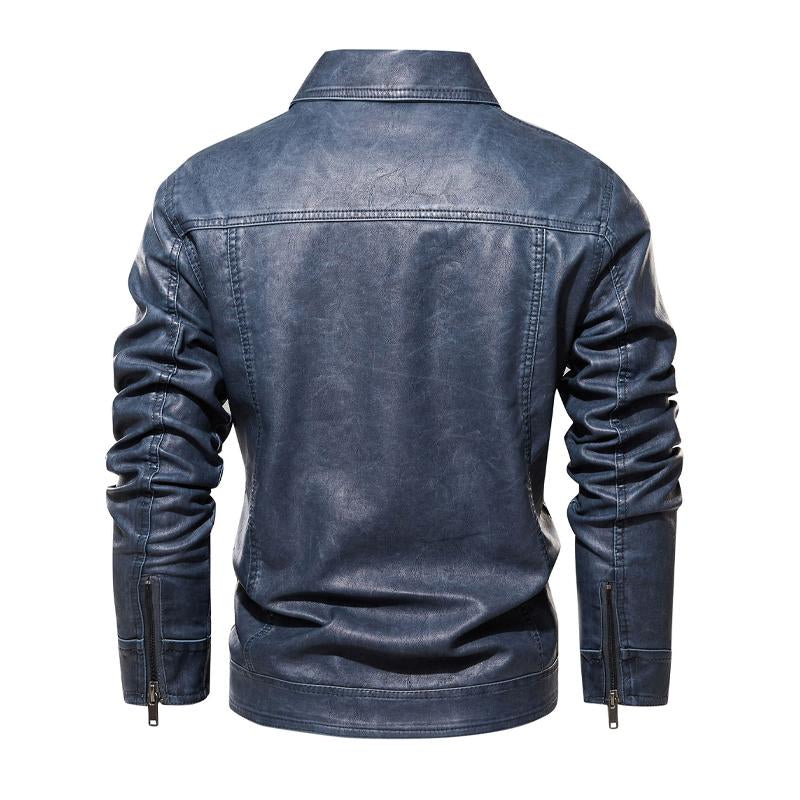 Men's Vintage Solid Color Double Breast Pockets Lapel Leather Jacket 33879944Y