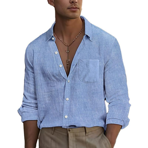 Men's Cotton and Linen Lapel Solid Color Long-sleeved Shirt 16791497X