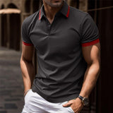 Men's Contrasting Color Casual Button Short Sleeve Lapel Polo Shirt 68604527X
