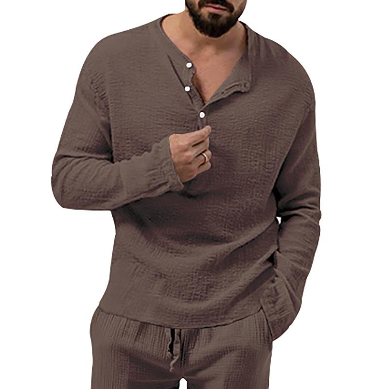 Men's Versatile Multicolor Bubble Fabric Round Neck Button Long Sleeve Shirt 57584276X