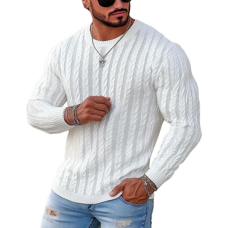 Einfarbiger, gedrehter Strickpullover mit Rundhalsausschnitt für Herren 44177069X