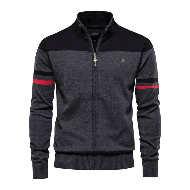 Men's Vintage Stand Collar Contrasting Color High Quality Knitted Zipper Cardigan 05346746M