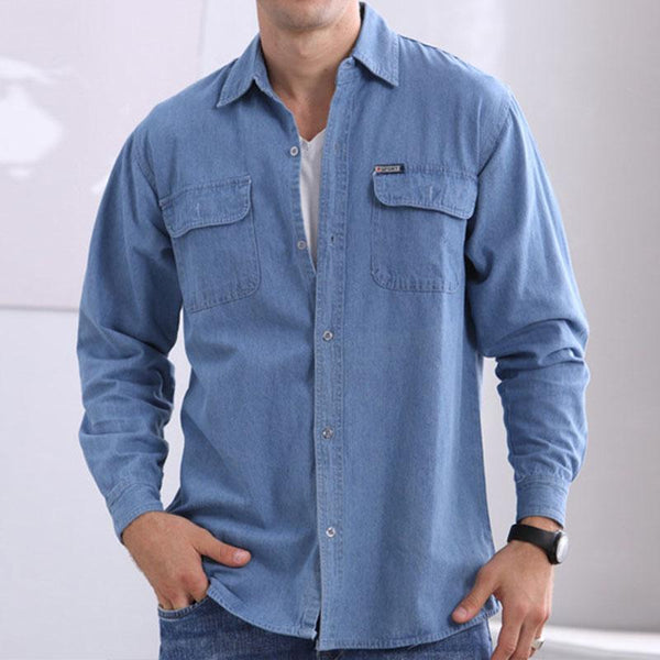Men's Casual Solid Color Lapel Long Sleeve Denim Shirt 65339222M