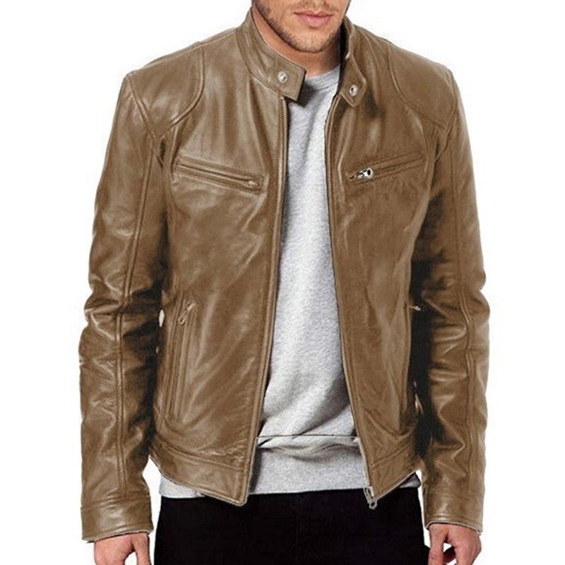 Men's PU Leather Stand Collar Slim Fit Leather Jacket 61353725U