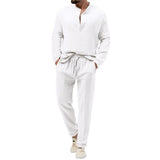 Men's Solid Loose Henley Collar Long Sleeve Shirt Trousers Set 26131708Z