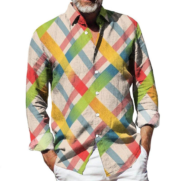 Men's Retro Colorful Plaid Lapel Long Sleeve Shirt 68522801TO