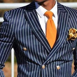 Men's Vintage Vertical Stripe Print Peak Collar Double Breasted Blazer 12346755Y