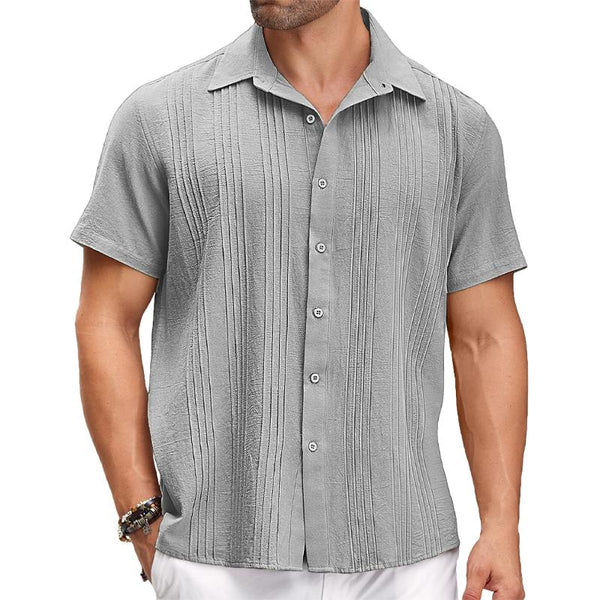 Men's Solid Color Pleated Lapel Short Sleeve Shirt 75344535Y