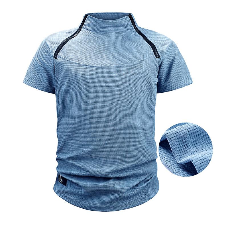 Men's Waffle Outdoor Tactical Loose Stand Collar Short-sleeved T-shirt 22280011X