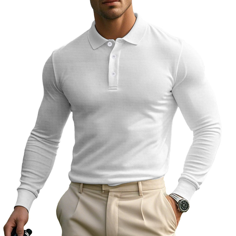 Men's Solid Color Waffle Lapel Long Sleeve Polo Shirt 41139532Z