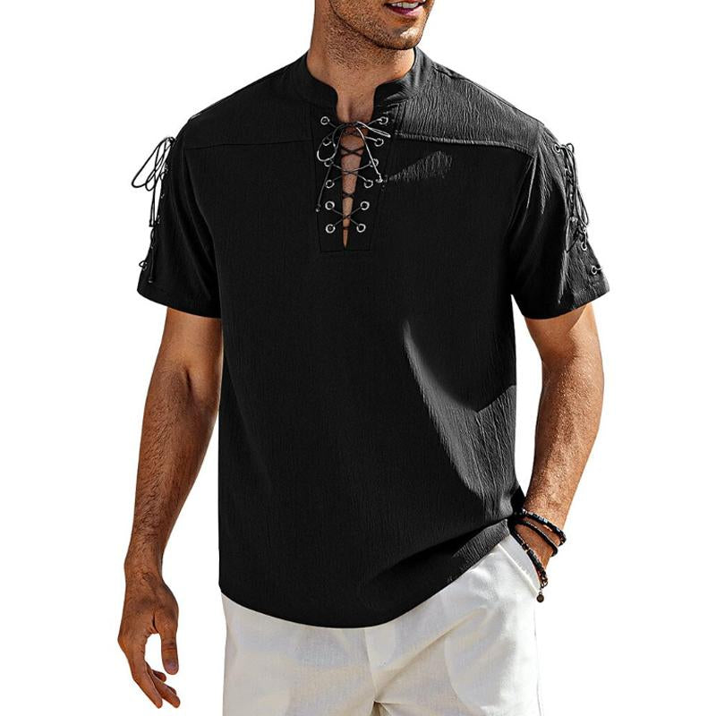 Men's Solid Color Lace-Up V-Neck Short-Sleeved Shirt 40586432Y