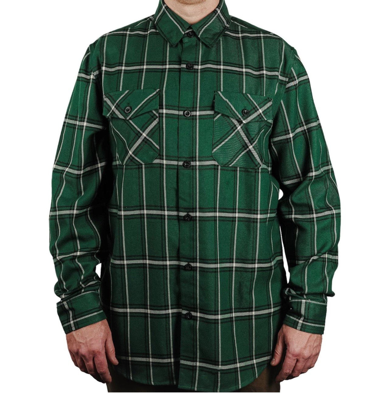 Men's Fashion Trend Green Plaid Lapel Long Sleeve Shirt 05556845F