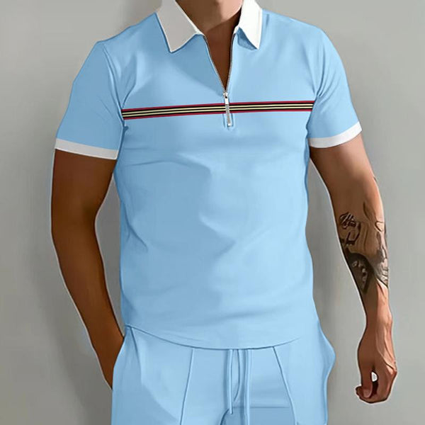 Men's Color Block Zip Lapel Short Sleeve Polo Shirt 33433694Y
